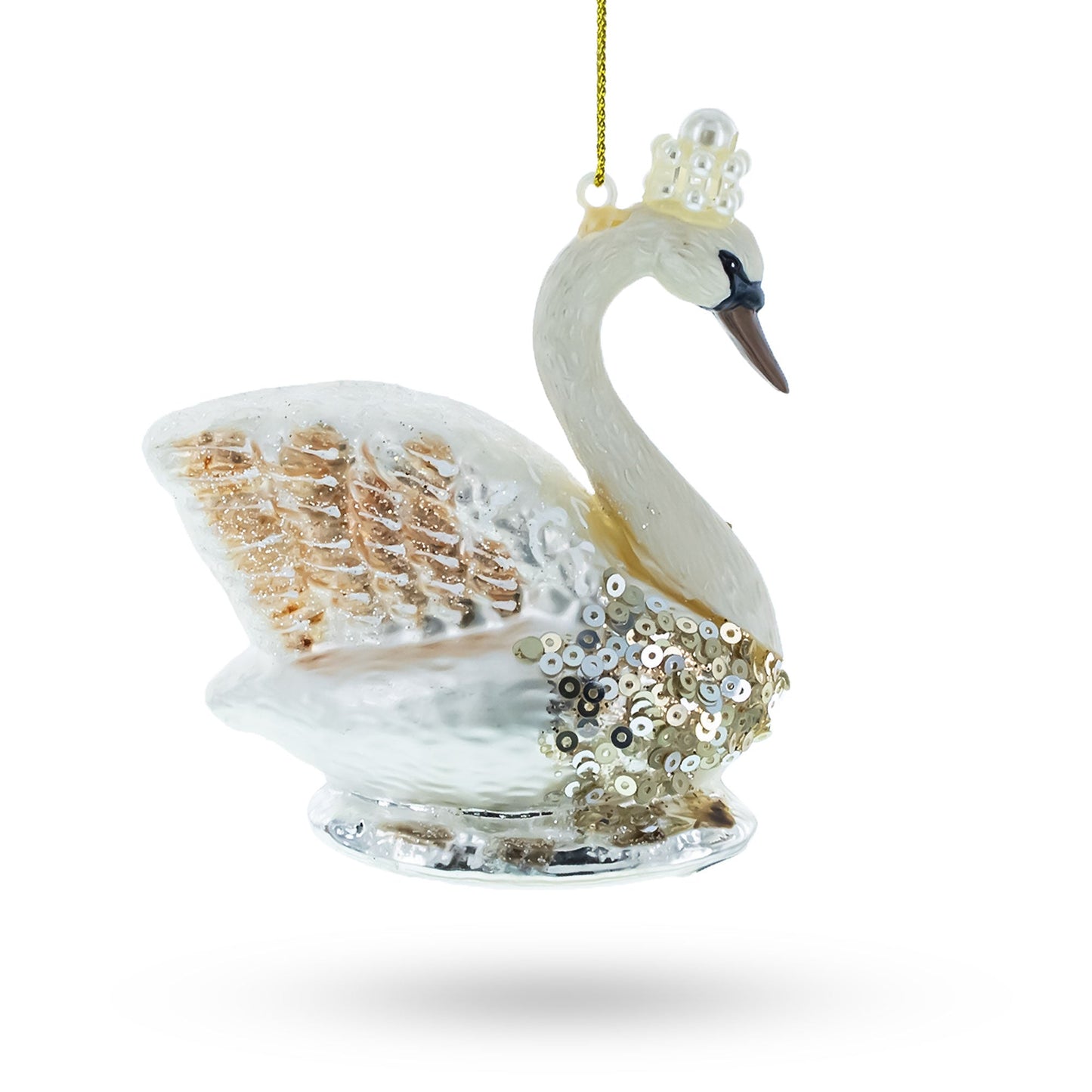 Elegant Royal Swan Adorned with Pearls Blown Glass Christmas Ornament