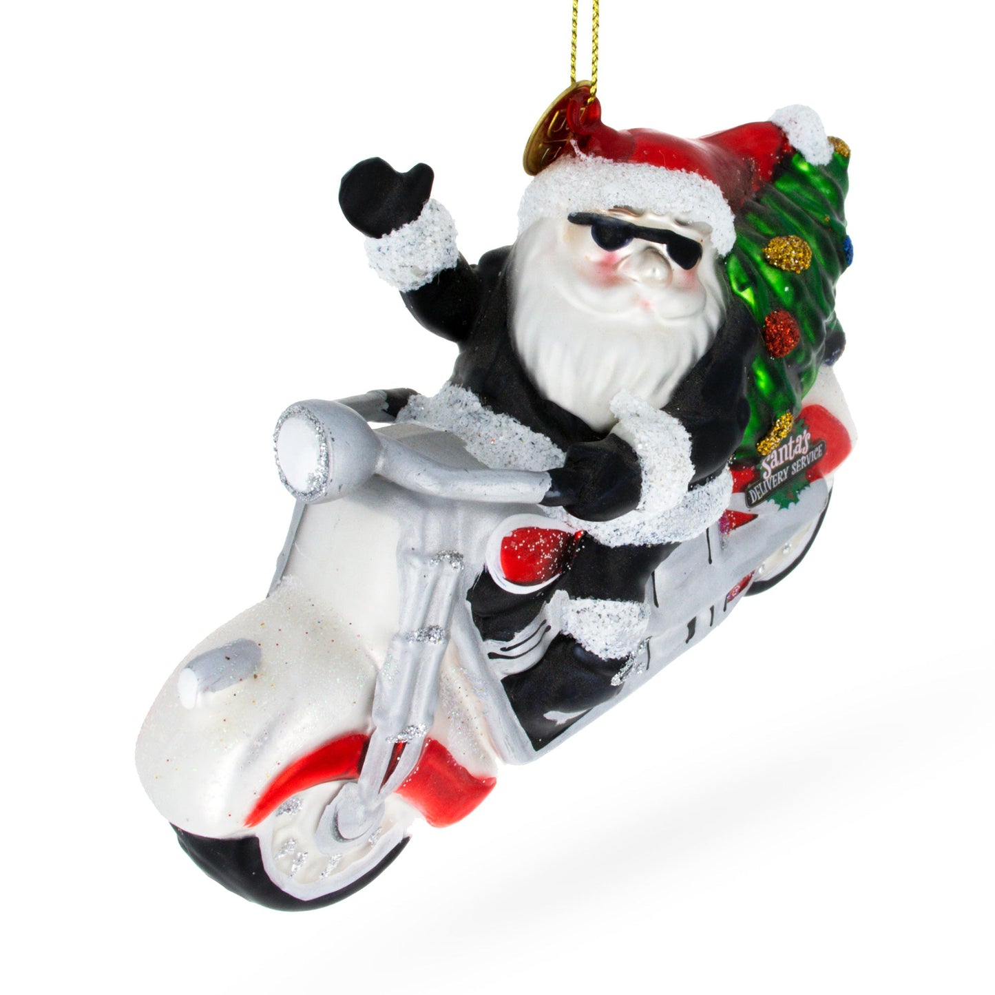 Biker Santa in Black Leathers Delivering Christmas Tree Blown Glass Ornament