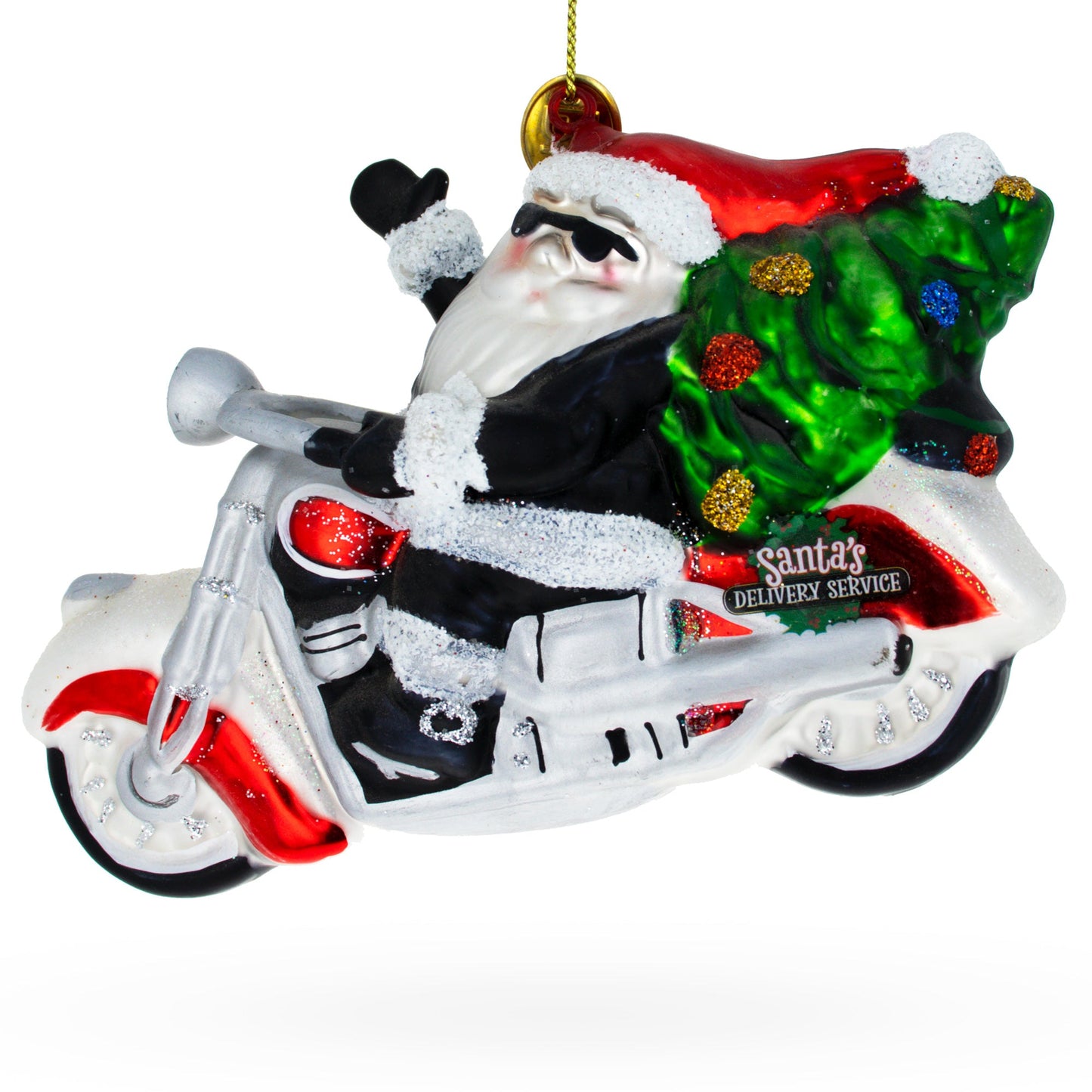 Biker Santa in Black Leathers Delivering Christmas Tree Blown Glass Ornament