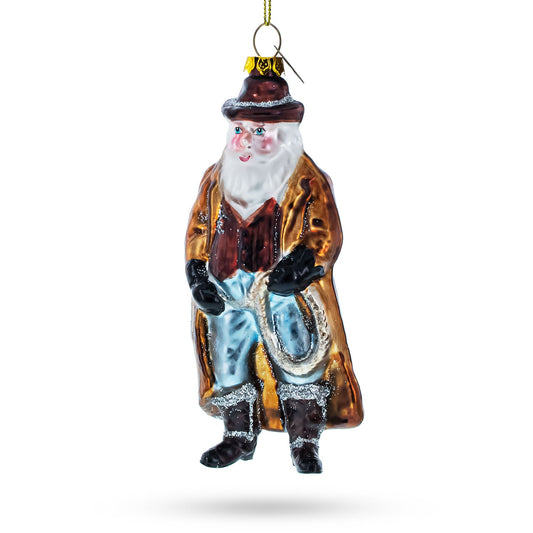 Cowboy Santa Skillfully Twirling a Lasso Blown Glass Christmas Ornament