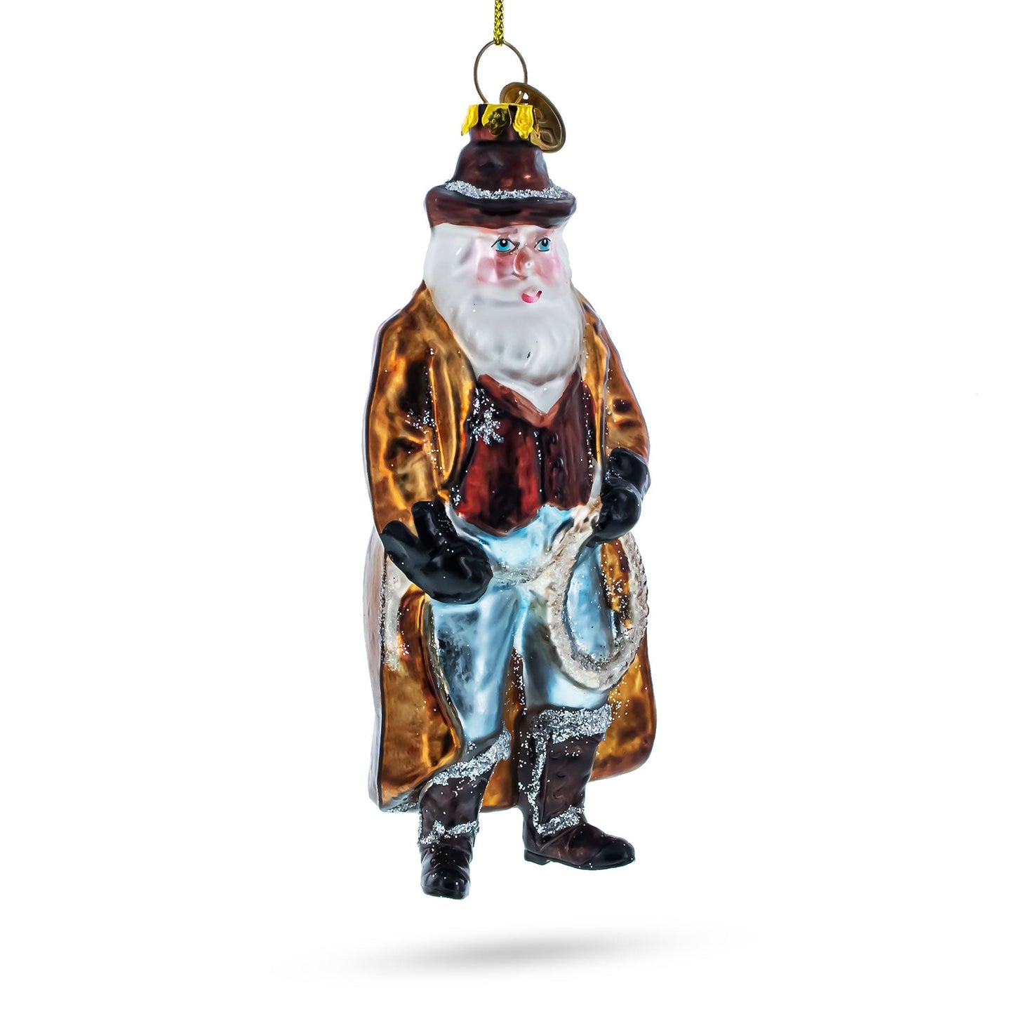 Cowboy Santa Skillfully Twirling a Lasso Blown Glass Christmas Ornament