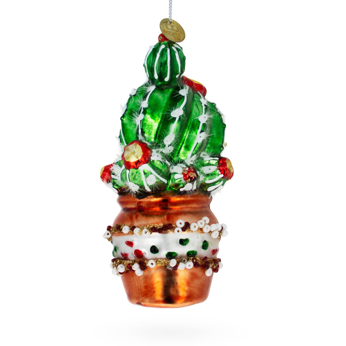 Festively Decorated Cactus in a Pot Glass Christmas Ornament