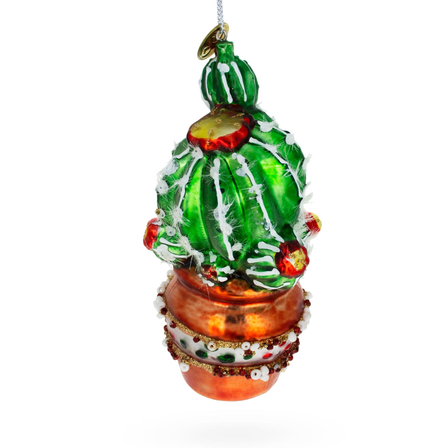 Festively Decorated Cactus in a Pot Glass Christmas Ornament