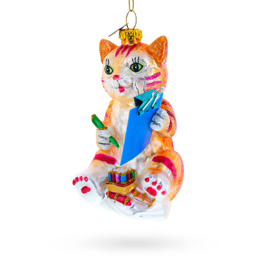 Artistic Cat Creating a Self-Portrait Blown Glass Christmas Ornament