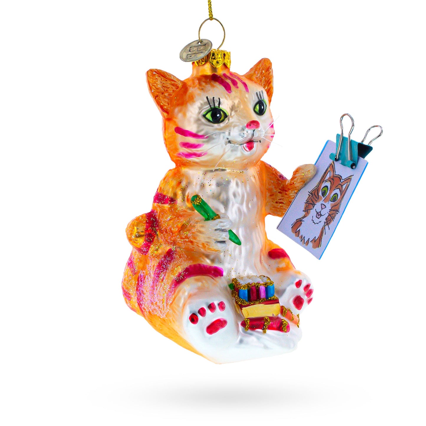 Artistic Cat Creating a Self-Portrait Blown Glass Christmas Ornament