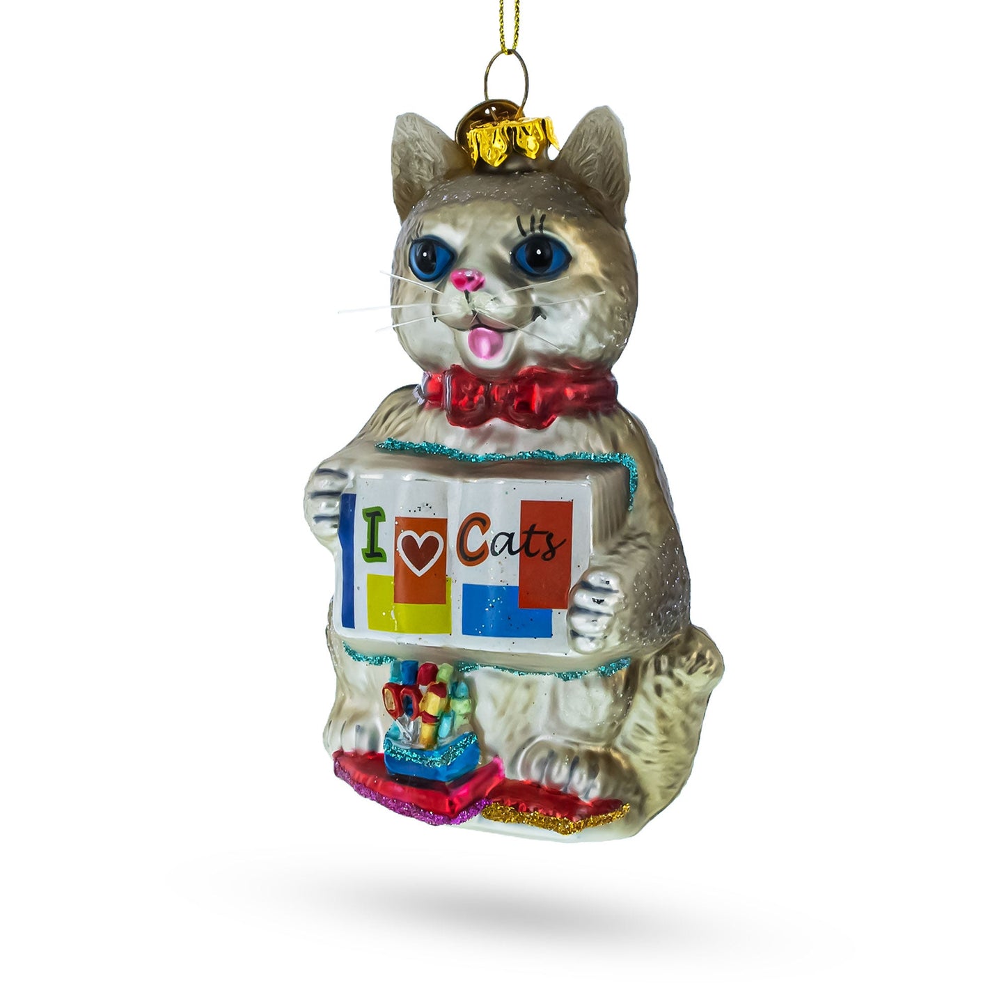 Creative Cat with Crayons Blown Glass Christmas Ornament