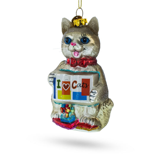 Creative Cat with Crayons Blown Glass Christmas Ornament