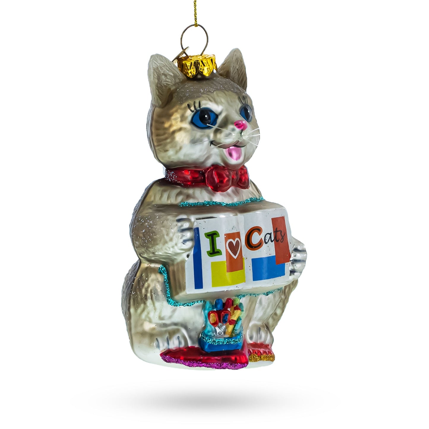 Creative Cat with Crayons Blown Glass Christmas Ornament