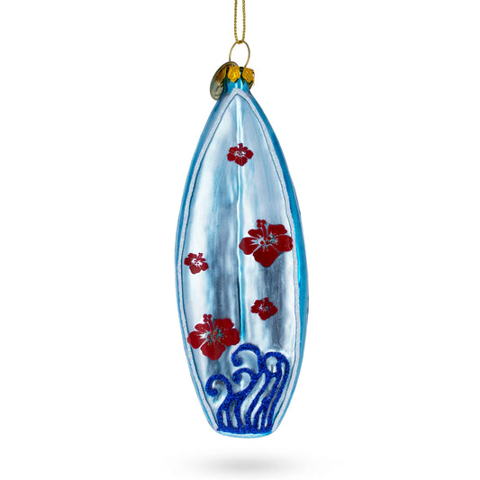 Tropical Vibes Blue Surfboard Blown Glass Christmas Ornament