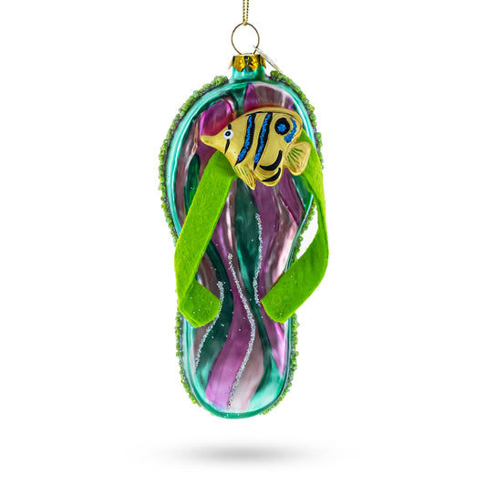 Tropical Turquoise Flip Flops with Fish Design Blown Glass Christmas Ornament