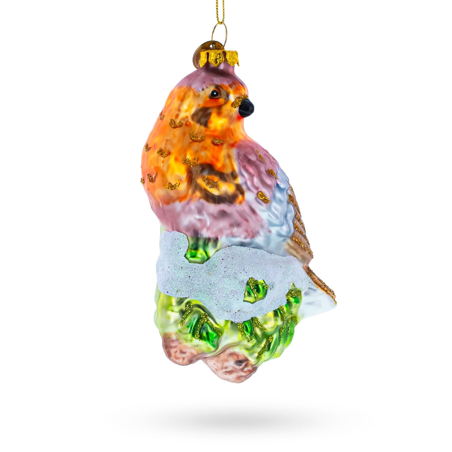 Bird Perched on Snowy Tree Branch Glass Christmas Ornament