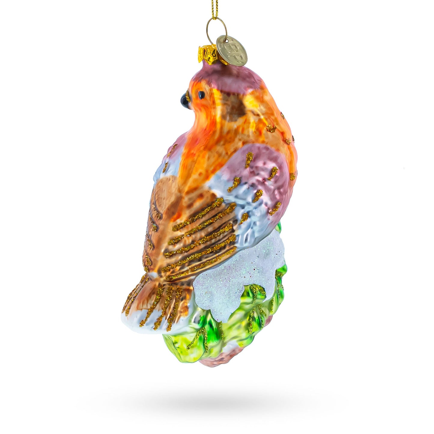 Bird Perched on Snowy Tree Branch Glass Christmas Ornament