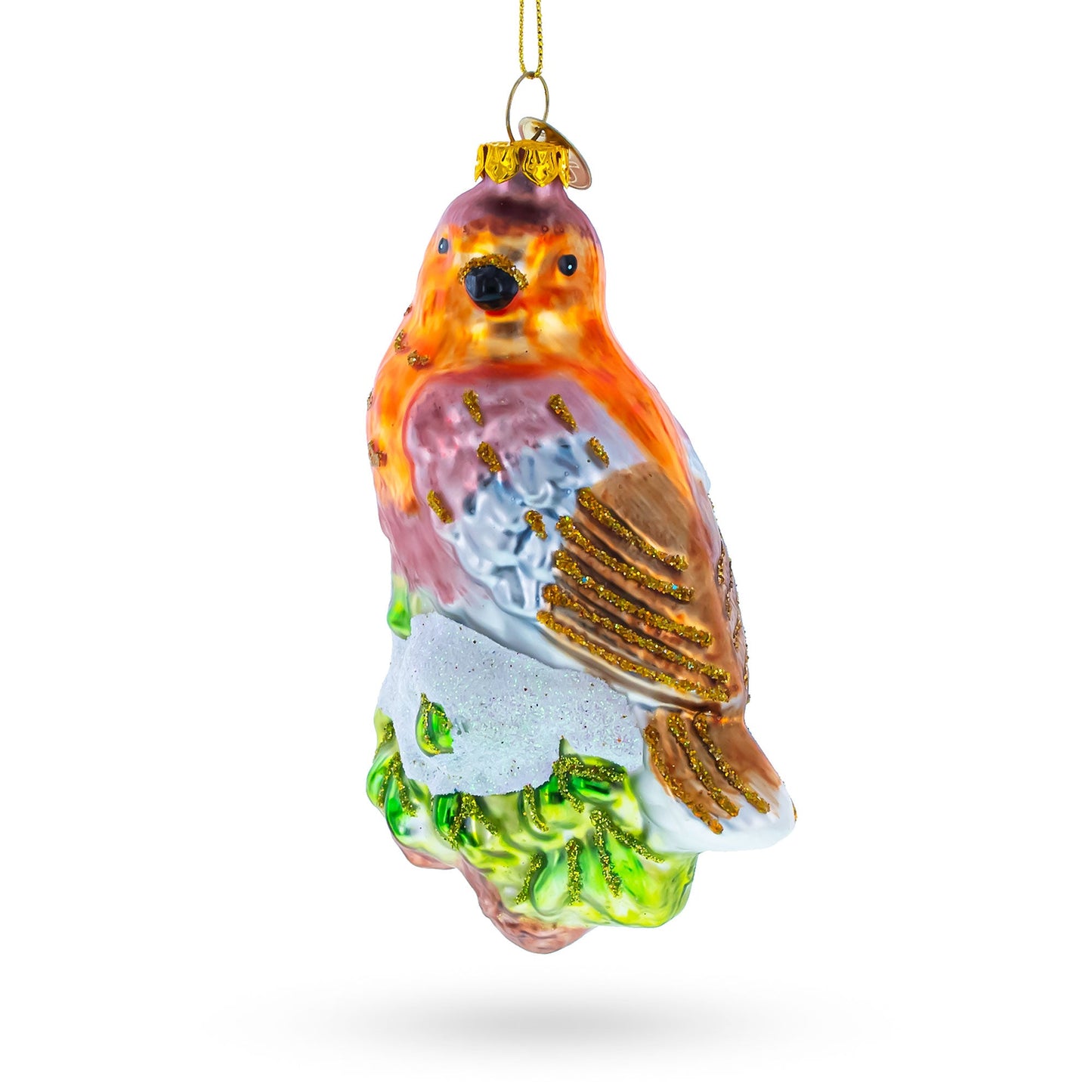 Bird Perched on Snowy Tree Branch Glass Christmas Ornament