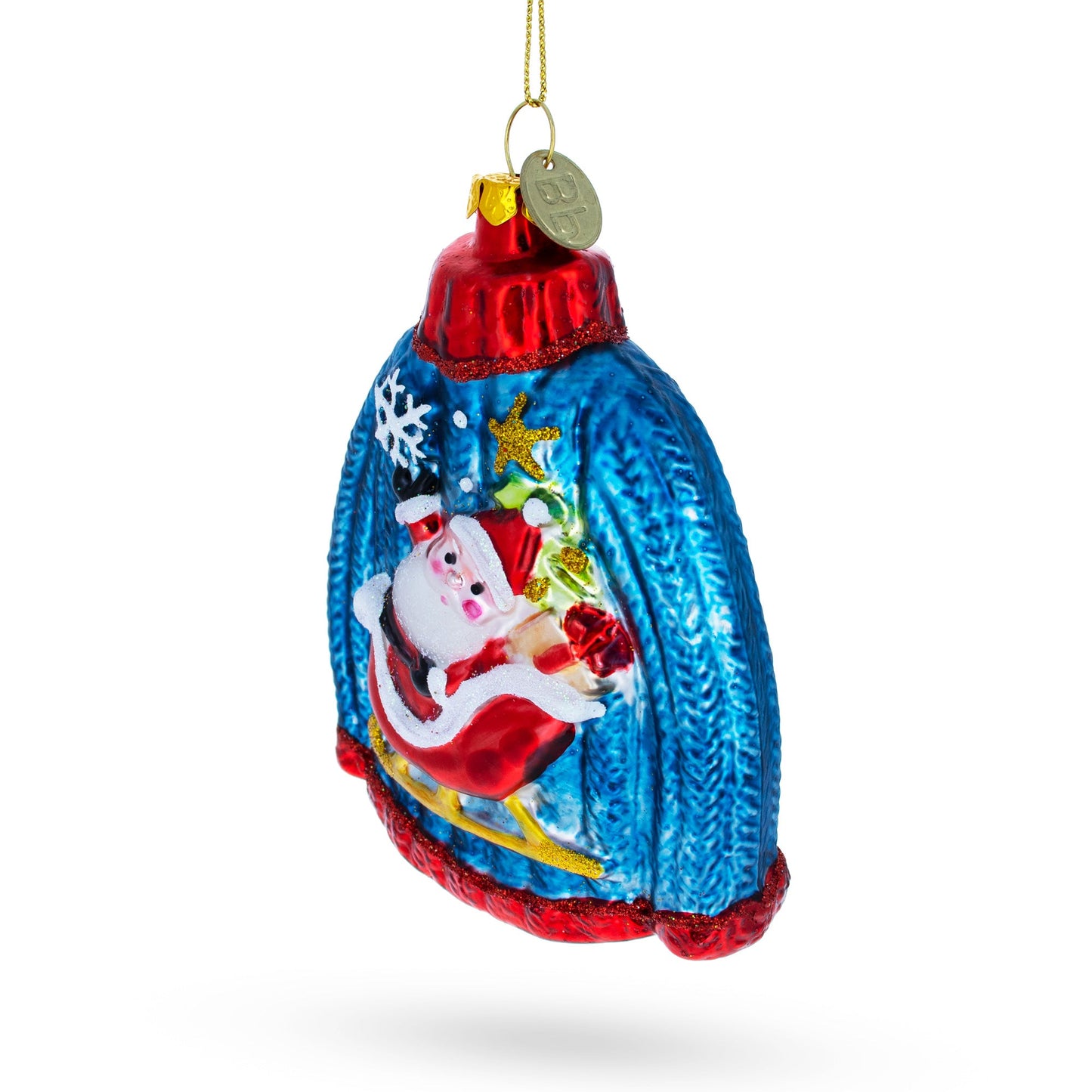 Cozy Blue Christmas Sweater Featuring Santa Blown Glass Christmas Ornament