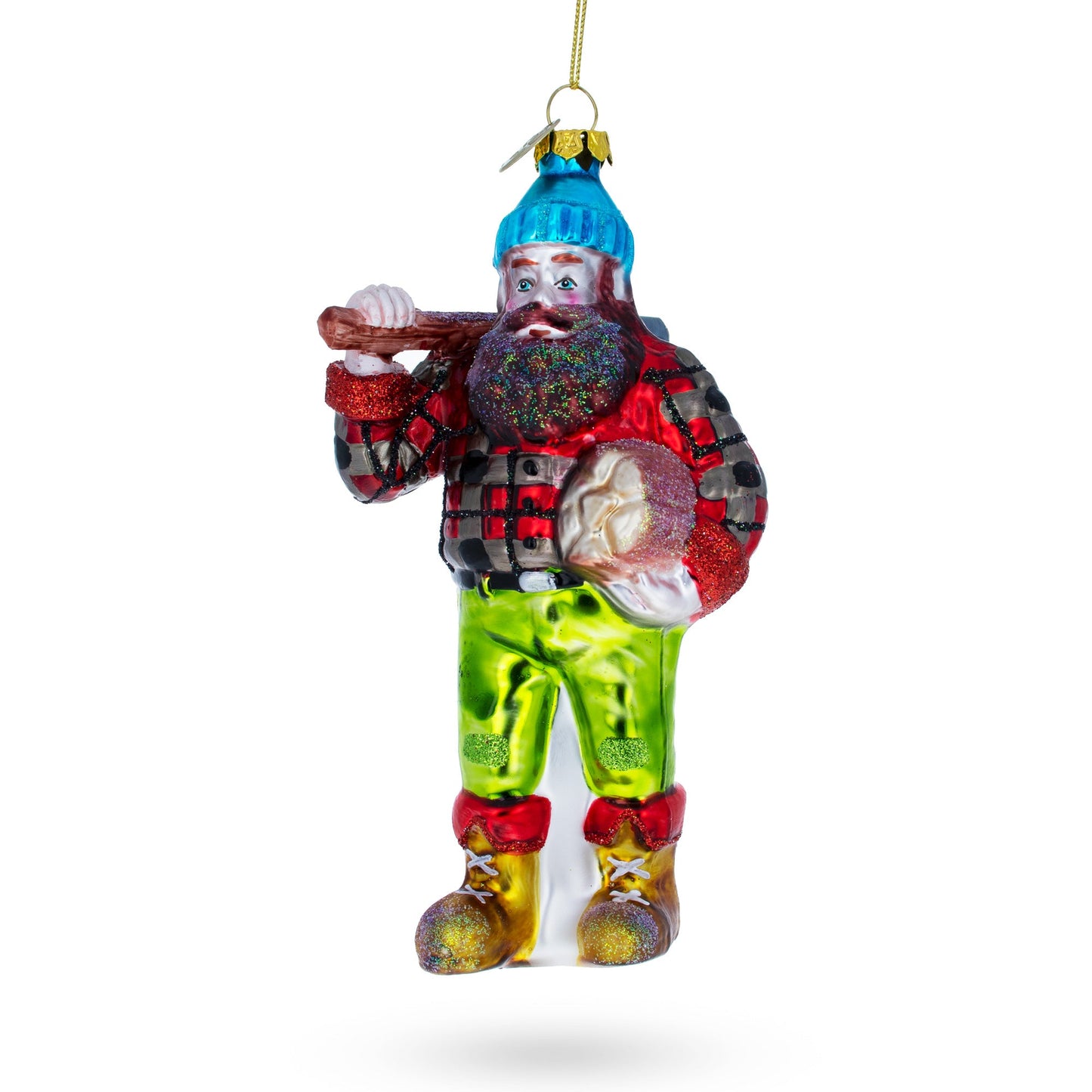 Rugged Lumberjack Carrying Log Glass Christmas Ornament