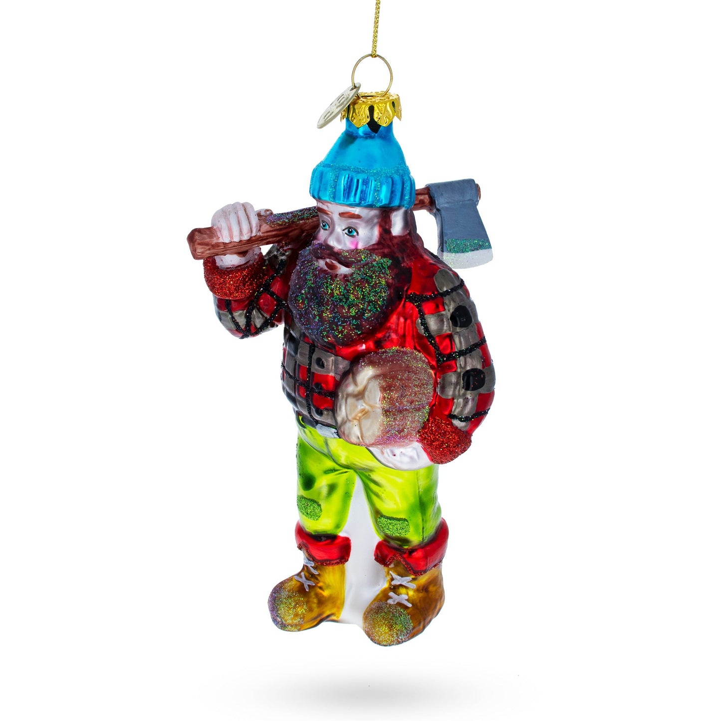 Rugged Lumberjack Carrying Log Glass Christmas Ornament