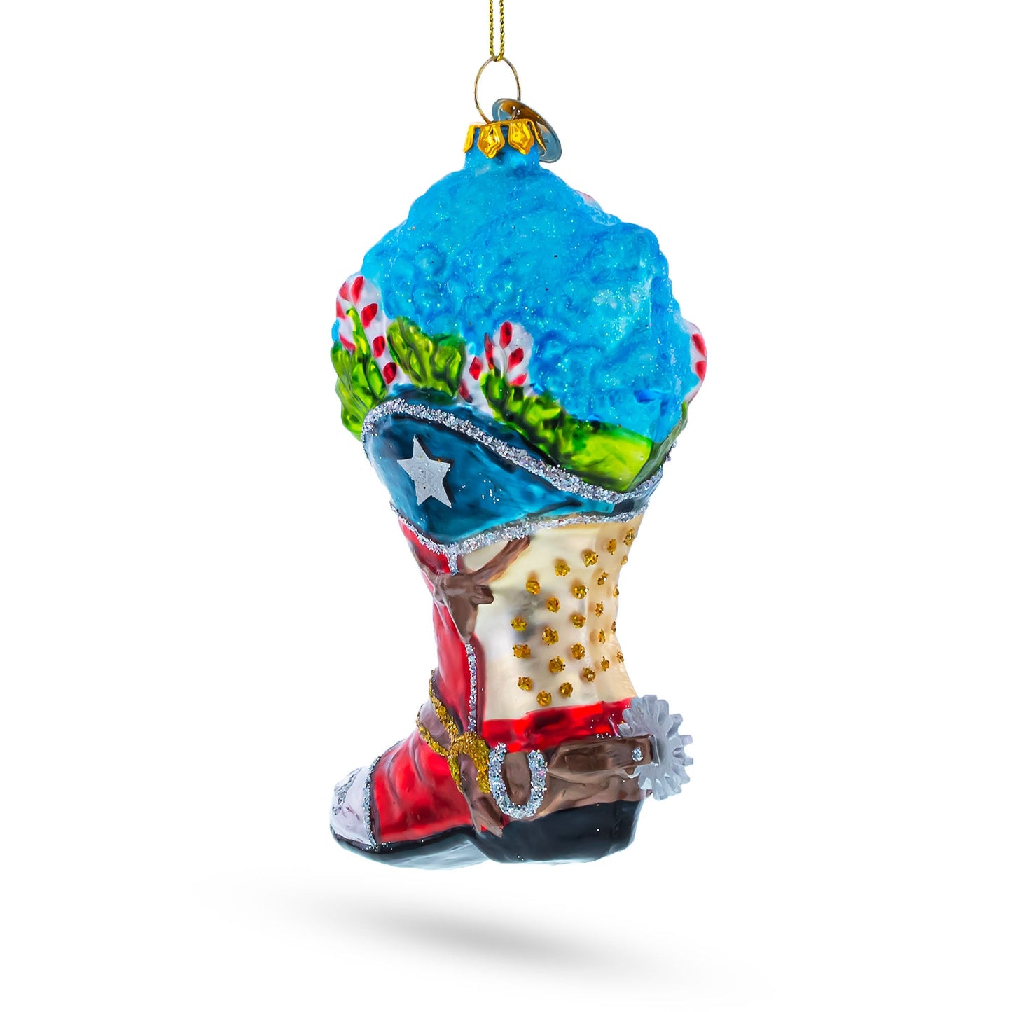 Cowboy Boot with Candy Canes Blown Glass Christmas Ornament