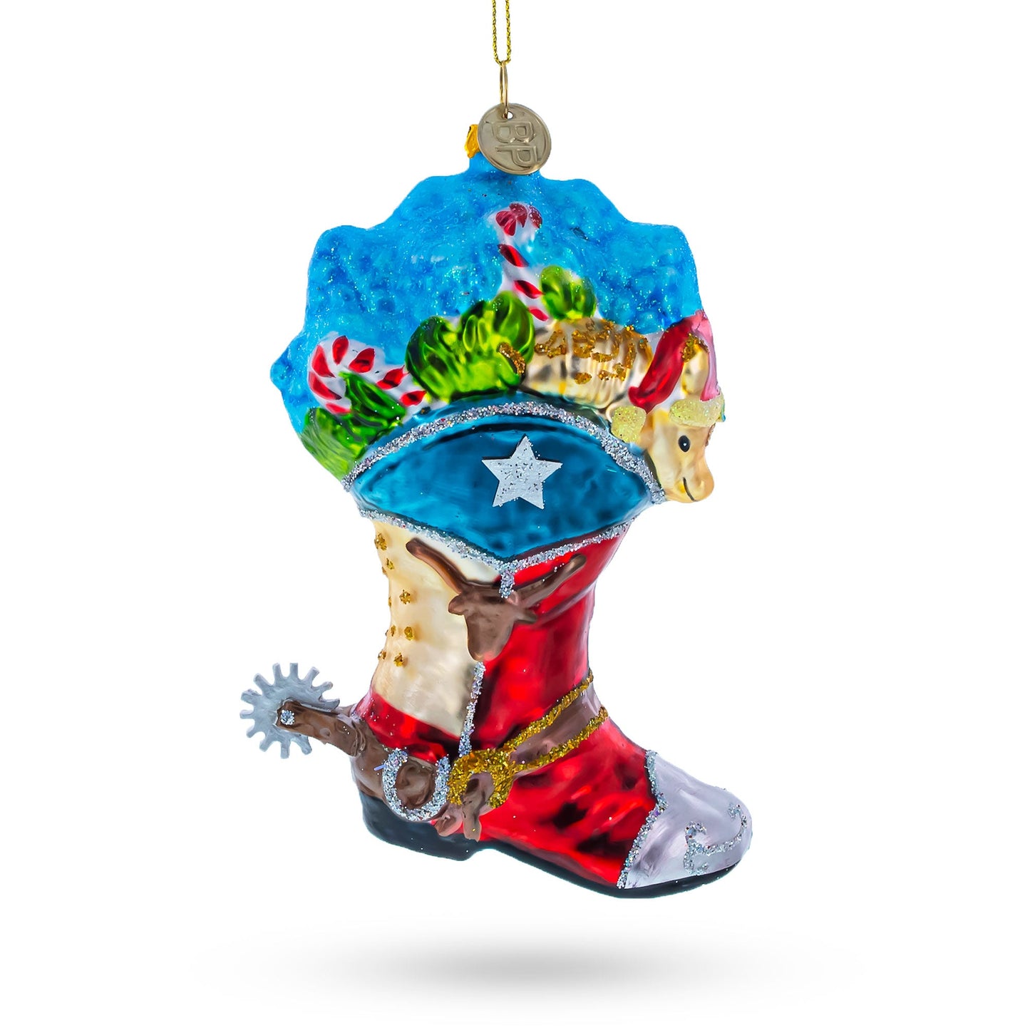 Cowboy Boot with Candy Canes Blown Glass Christmas Ornament