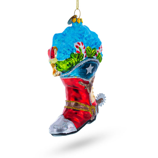 Cowboy Boot with Candy Canes Blown Glass Christmas Ornament