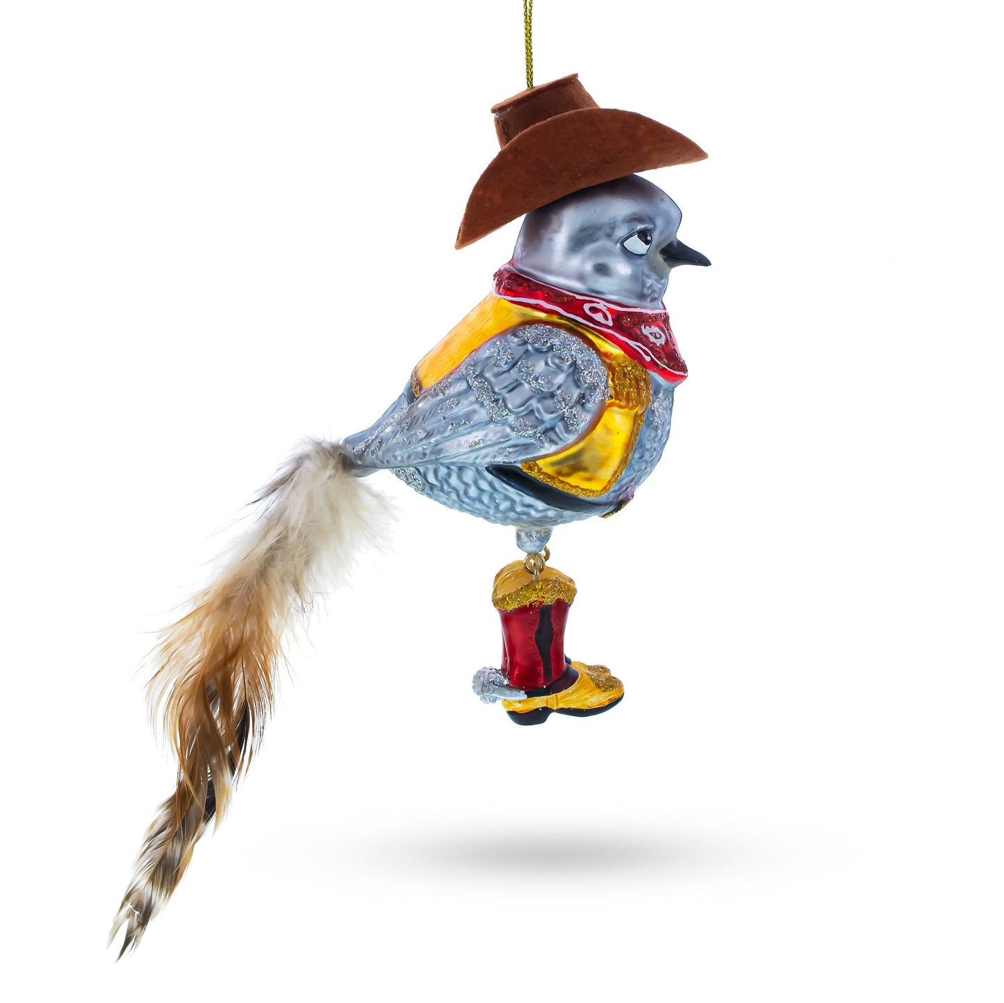 Cowboy Bird Blown Glass Christmas Ornament