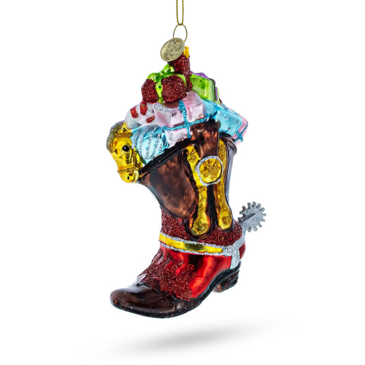 Western Cowboy Boot with Gifts Glass Christmas Ornament