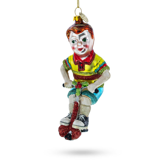 Energetic Boy on Pogo Stick Blown Glass Christmas Ornament