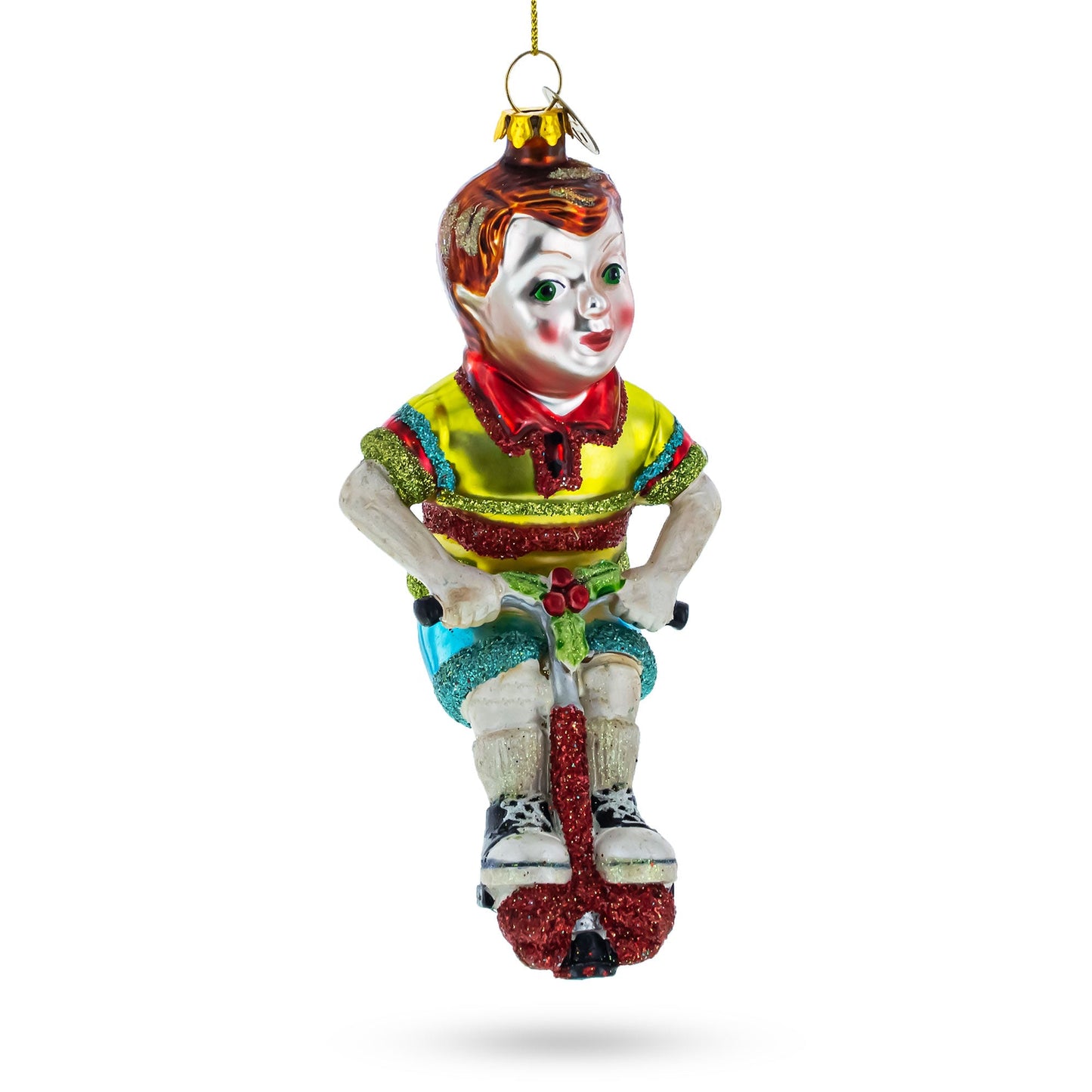 Energetic Boy on Pogo Stick Blown Glass Christmas Ornament