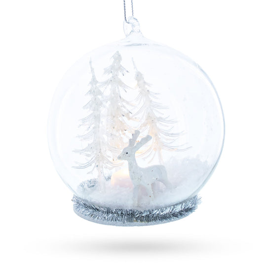 White Deer in Snow Globe with Glistening Snowflakes Glass Christmas Ornament