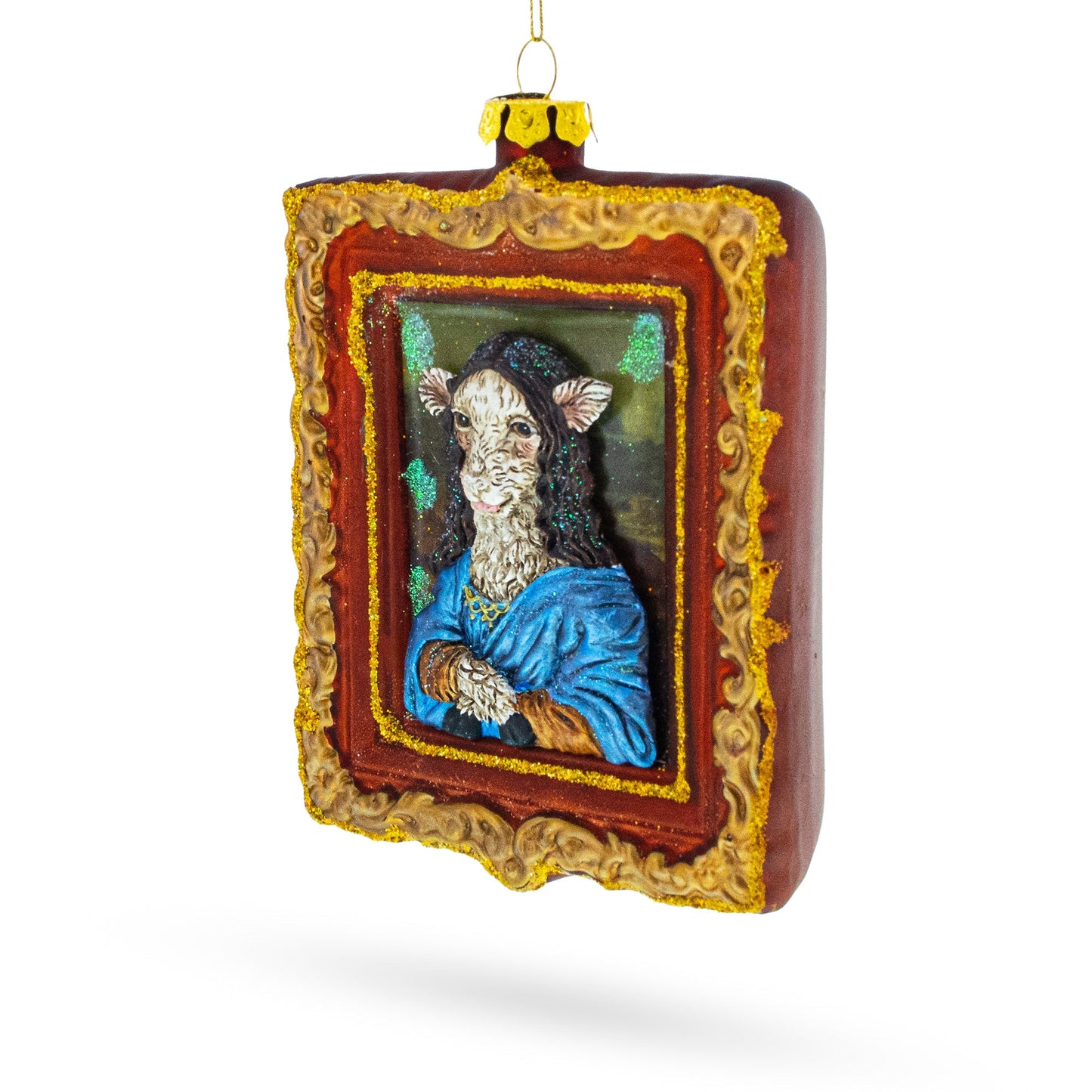 Enchanting Mona Lisa Sheep Blown Glass Christmas Ornament