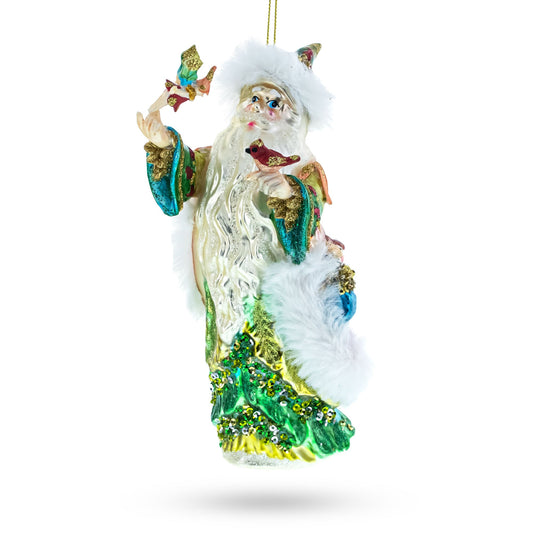 Whimsical Santa in Green Holding Birds Blown Glass Christmas Ornament