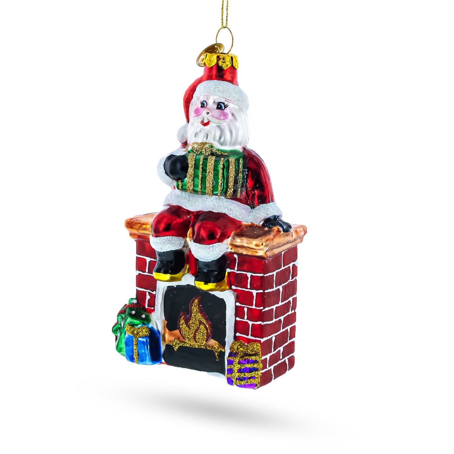 Cozy Santa Sitting on Fireplace Glass Christmas Ornament