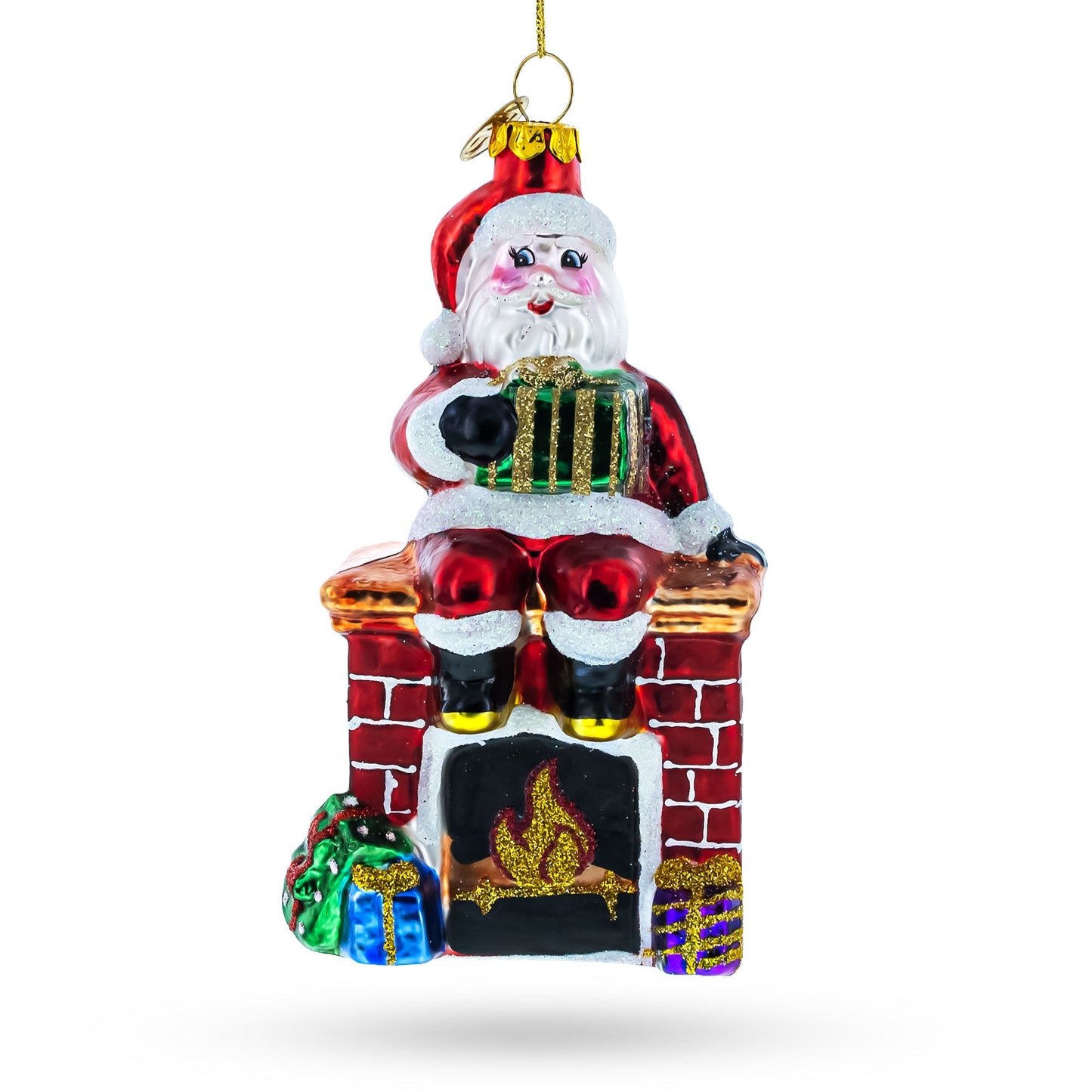 Cozy Santa Sitting on Fireplace Glass Christmas Ornament