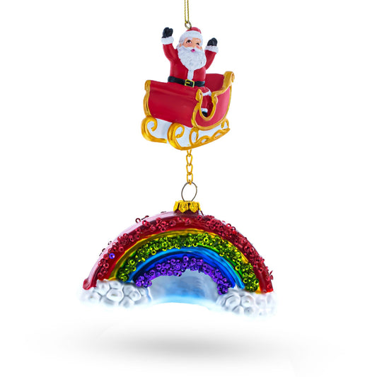 Whimsical Santa in Sleigh Over Rainbow Blown Glass Christmas Ornament