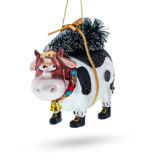 Whimsical Cow Carrying Tree Blown Glass Christmas Ornament