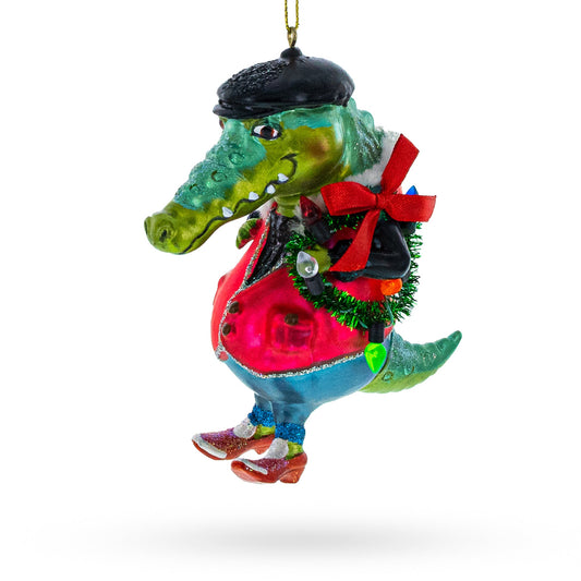 Quirky Alligator Wearing Costume Glass Christmas Ornament