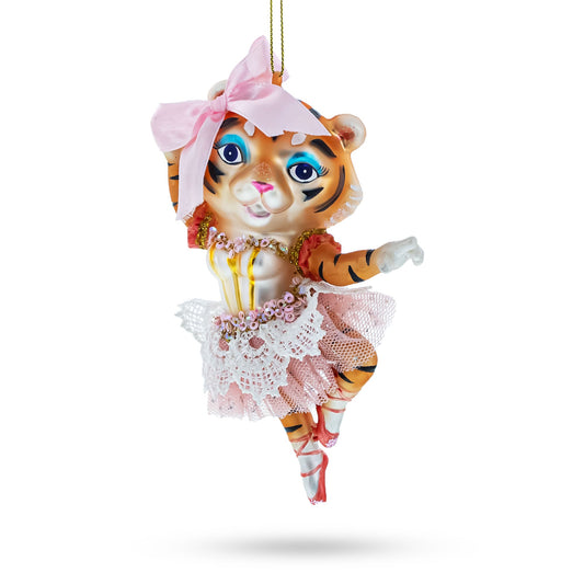 Elegant Lady Tiger in Pink Dress Glass Christmas Ornament