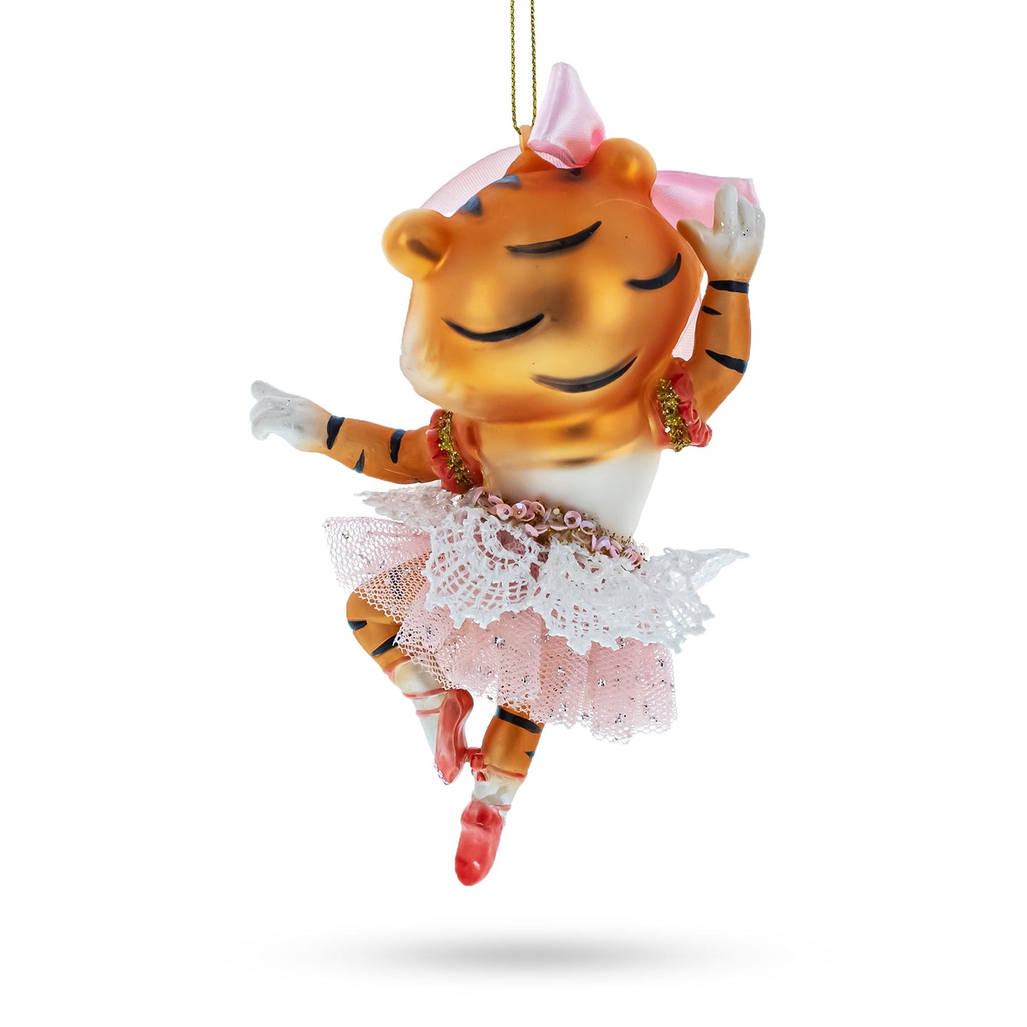 Elegant Lady Tiger in Pink Dress Glass Christmas Ornament