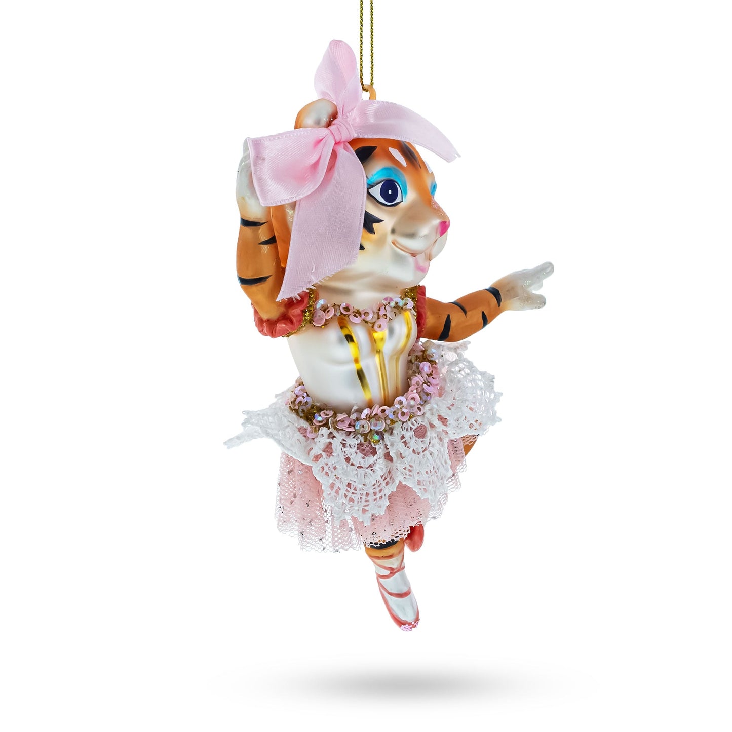 Elegant Lady Tiger in Pink Dress Glass Christmas Ornament