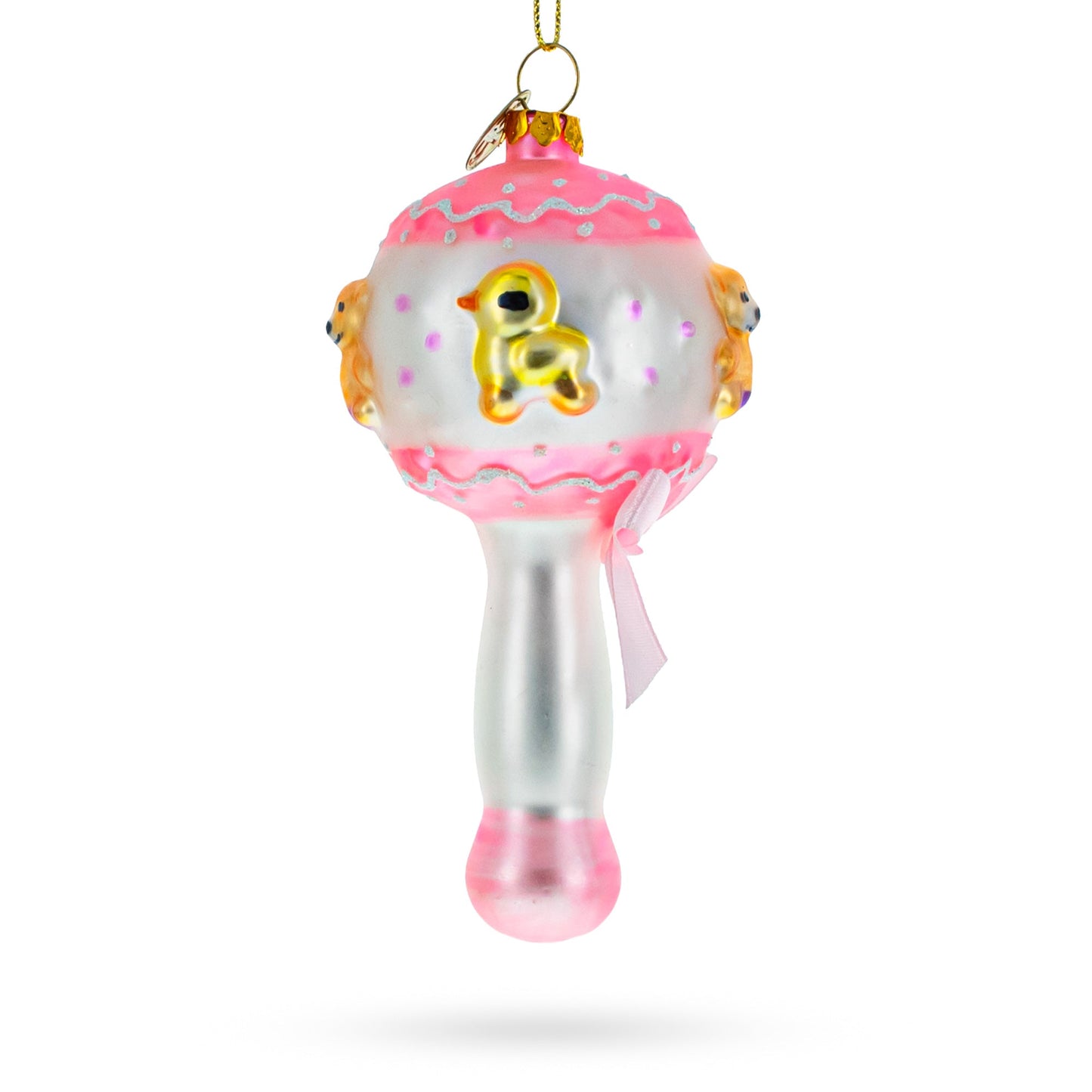 Delightful Baby Pink Rattle Blown Glass Christmas Ornament