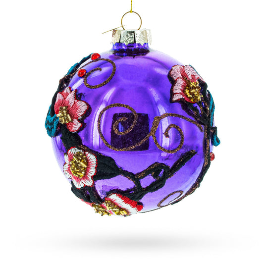 Embroidered Flowers on Purple Blown Glass Ball Christmas Ornament