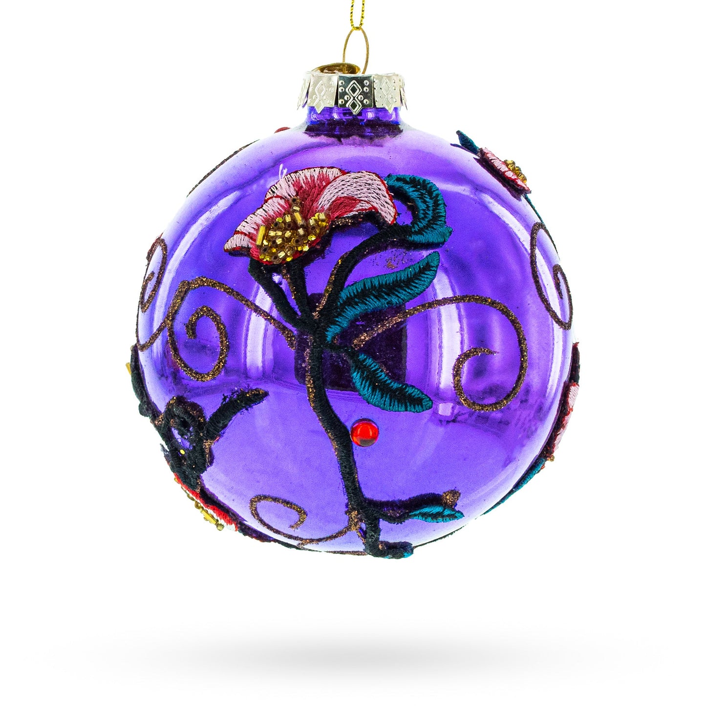 Embroidered Flowers on Purple Blown Glass Ball Christmas Ornament