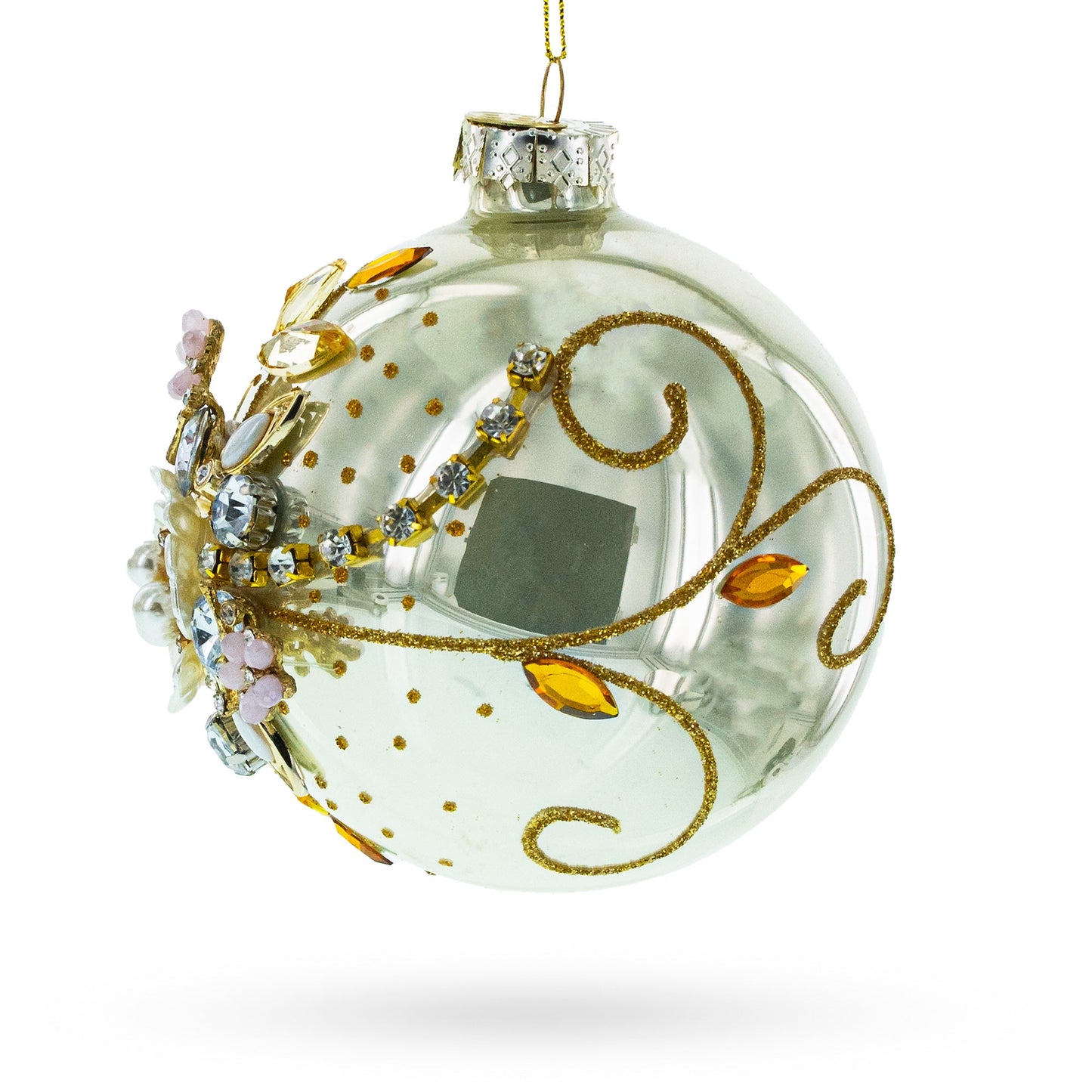 Exquisite Jeweled Flowers Adorning Blown Glass Ball Christmas Ornament