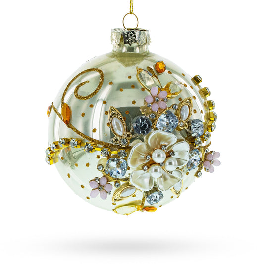 Exquisite Jeweled Flowers Adorning Blown Glass Ball Christmas Ornament