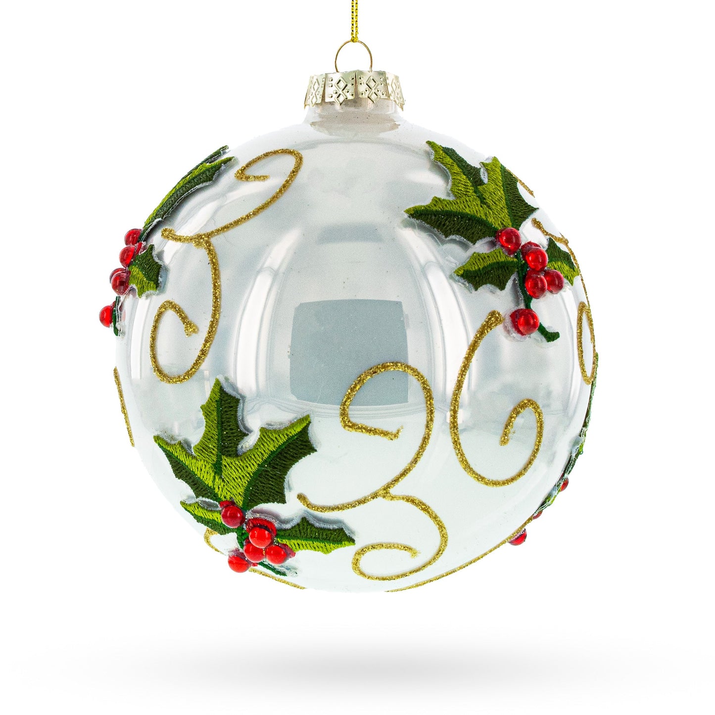 Embroidered Poinsettia Blown Glass Ball Christmas Ornament