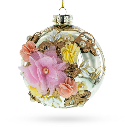 Fabric Flowers on Glass Ball Artistic Blown Glass Christmas Ornaments Ornament