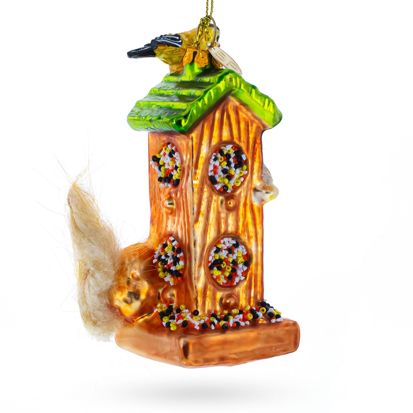 Birds and Squirrel at Birdfeeder Glass Christmas Ornament