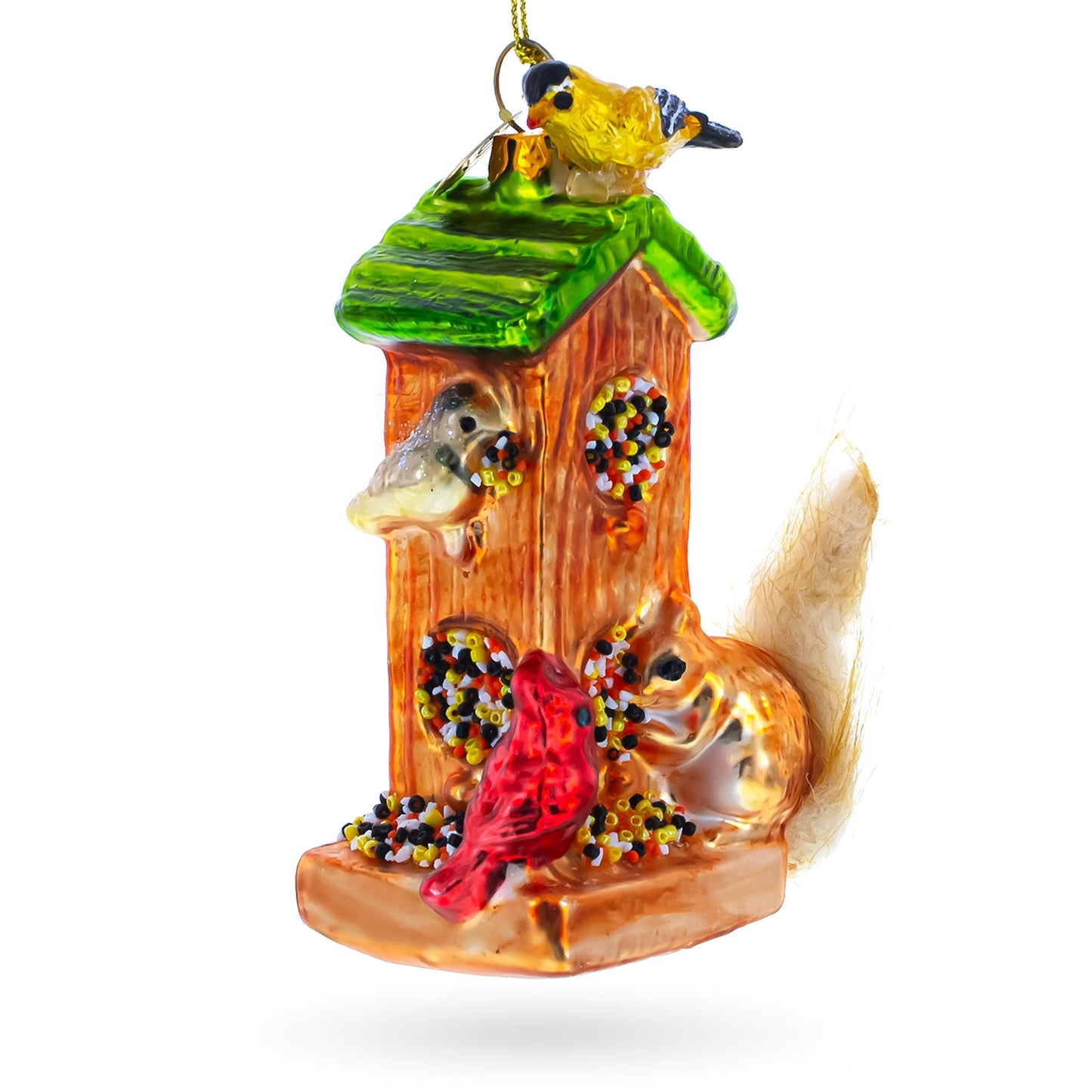 Birds and Squirrel at Birdfeeder Glass Christmas Ornament