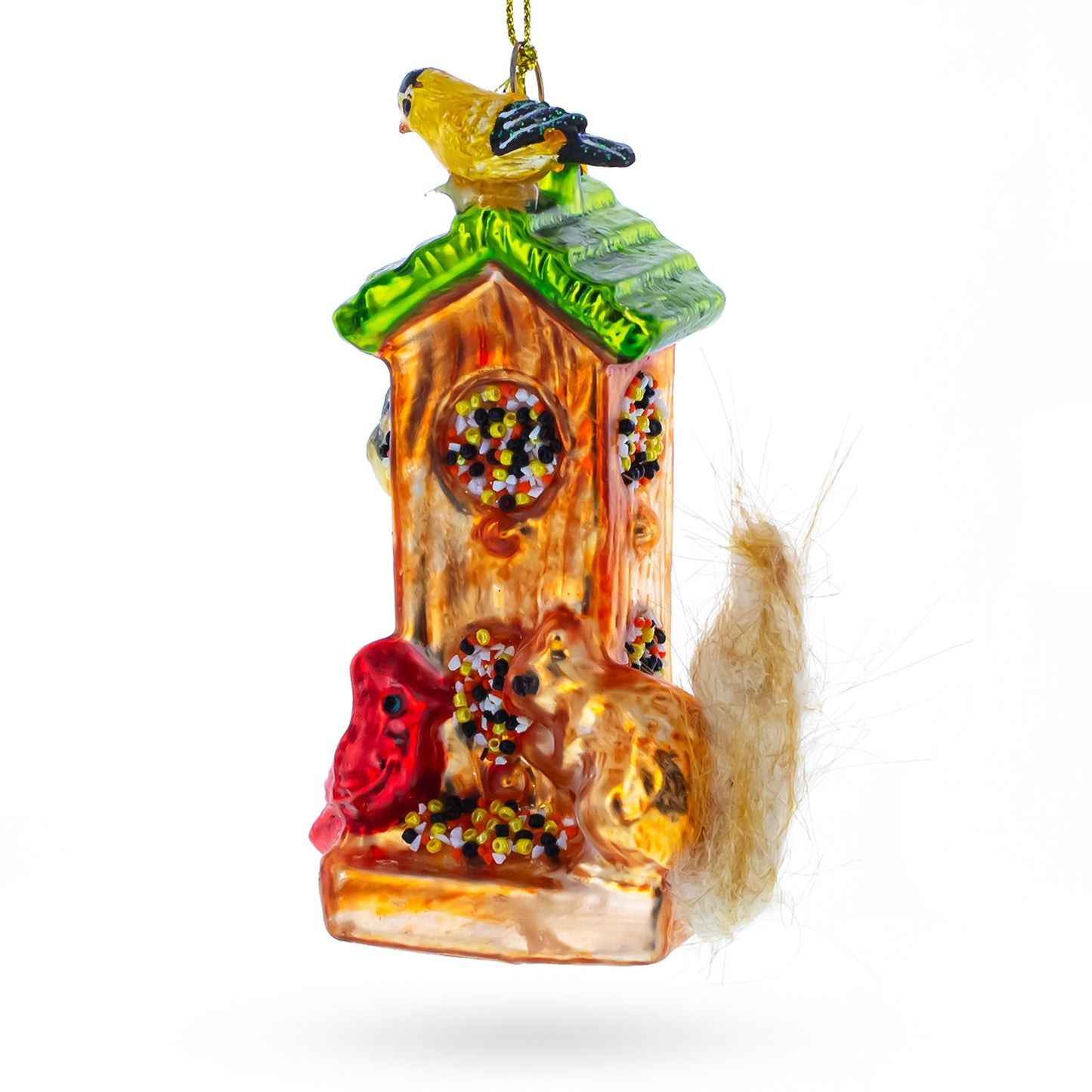 Birds and Squirrel at Birdfeeder Glass Christmas Ornament