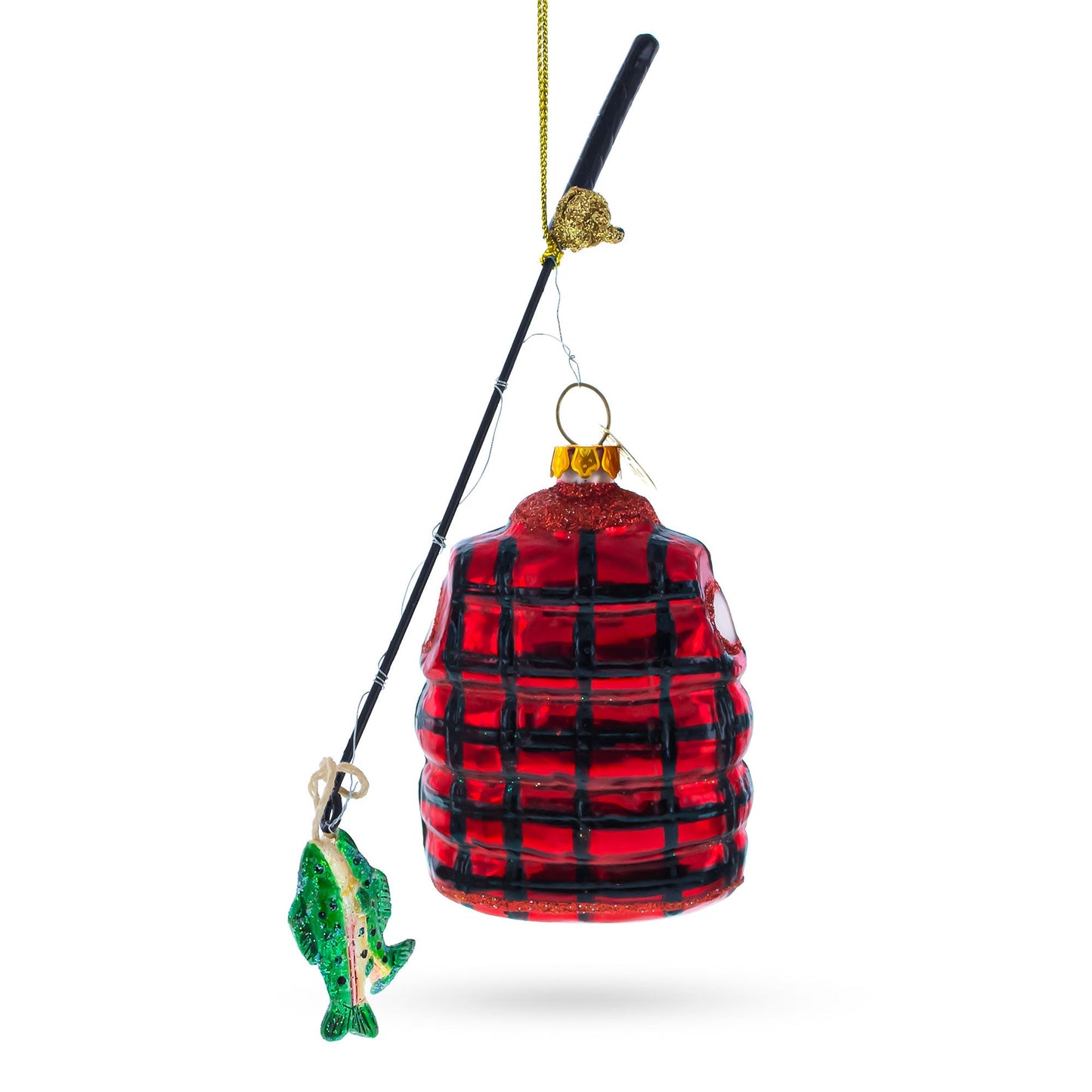 Fisherman Jacket and Rod Blown Glass Christmas Ornament