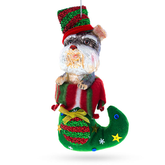 Puppy in Stocking Blown Glass Christmas Ornament